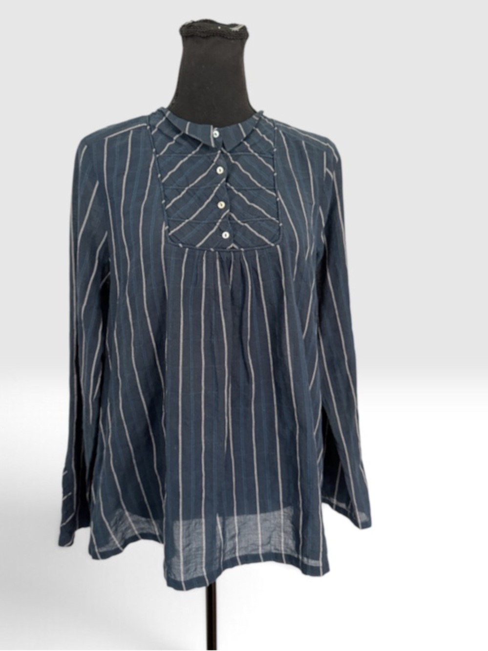 Cotelac Navy Striped Button Yoke Top